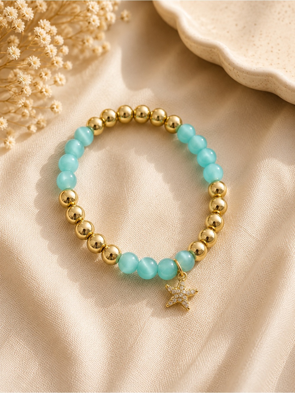 Gold & Aqua Bead Star Charm Bracelet - Women Jewelry